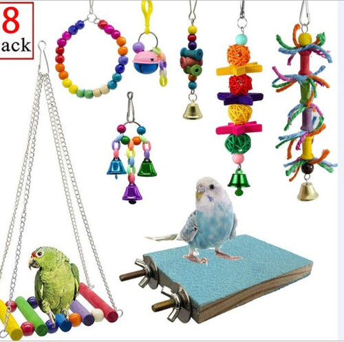 8Pcs Bird Toys Parrot Toys, Bird Swing Chewing Hanging Perches for Love Birds Budgie Cockatiels Macaws Parakeets Conure Finches