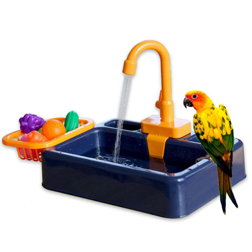 Bird Feeder Pet Pool Automatic Bird Bathing Tub with Faucet Food Container Bird Accessory for Pet Parrots